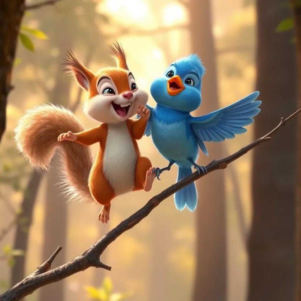 Sammy, the squirrel, and Benny, the bluebird, hopping on branches together, laughing and singing, bright forest background, warm light, happy and playful scene, high quality
