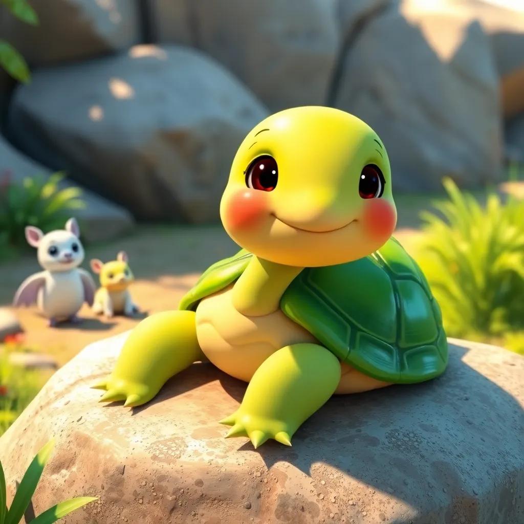 A kind turtle, Tilly, with a shiny green shell, relaxing on a sunlit rock in a sunny clearing, smiling at Sammy and Benny who are nearby, bright and cheerful, child-friendly, detailed