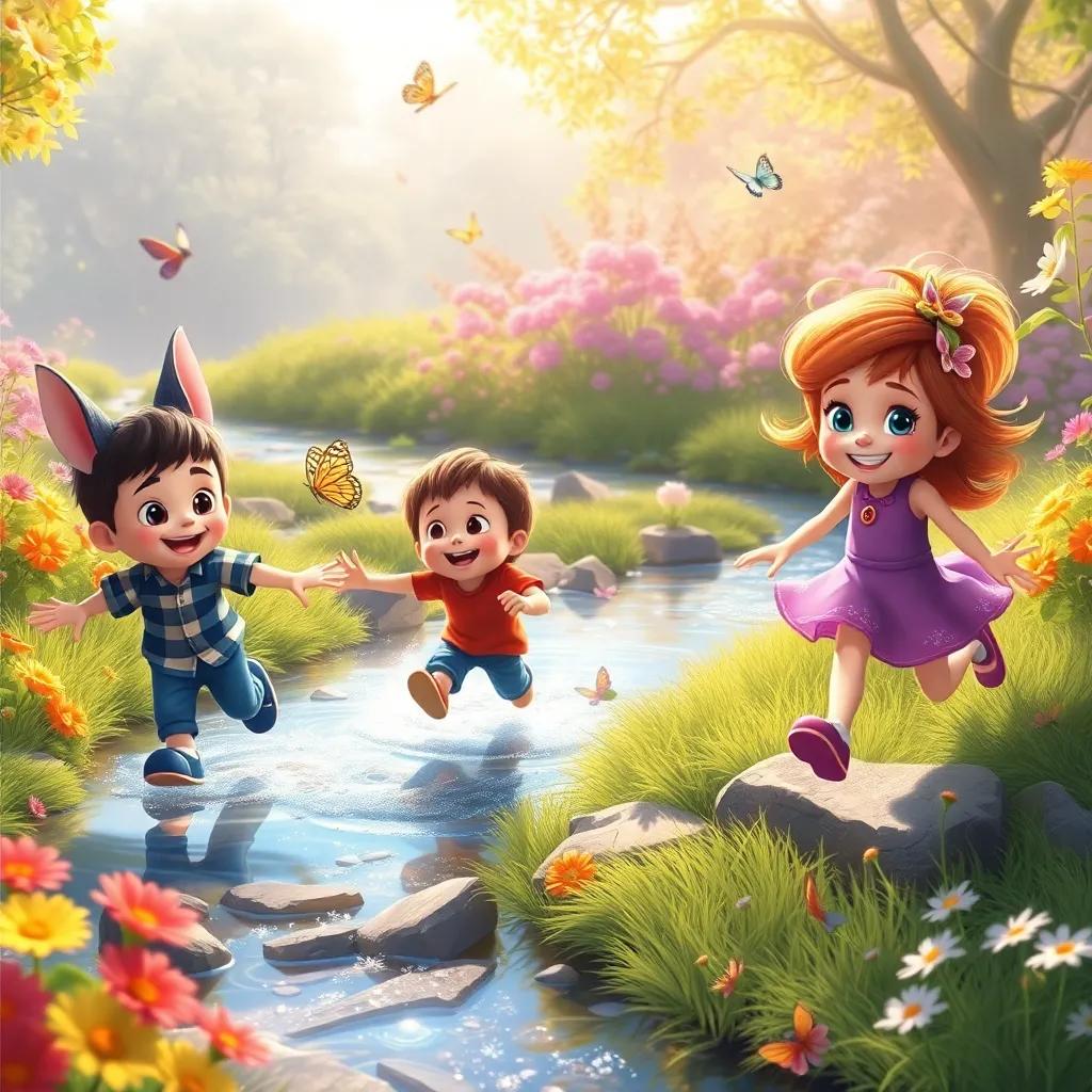 Sammy, Benny, and Tilly playing tag near a sparkling stream with vibrant flowers and butterflies around, joyful and bright environment, digital painting, engaging children imagery, high quality