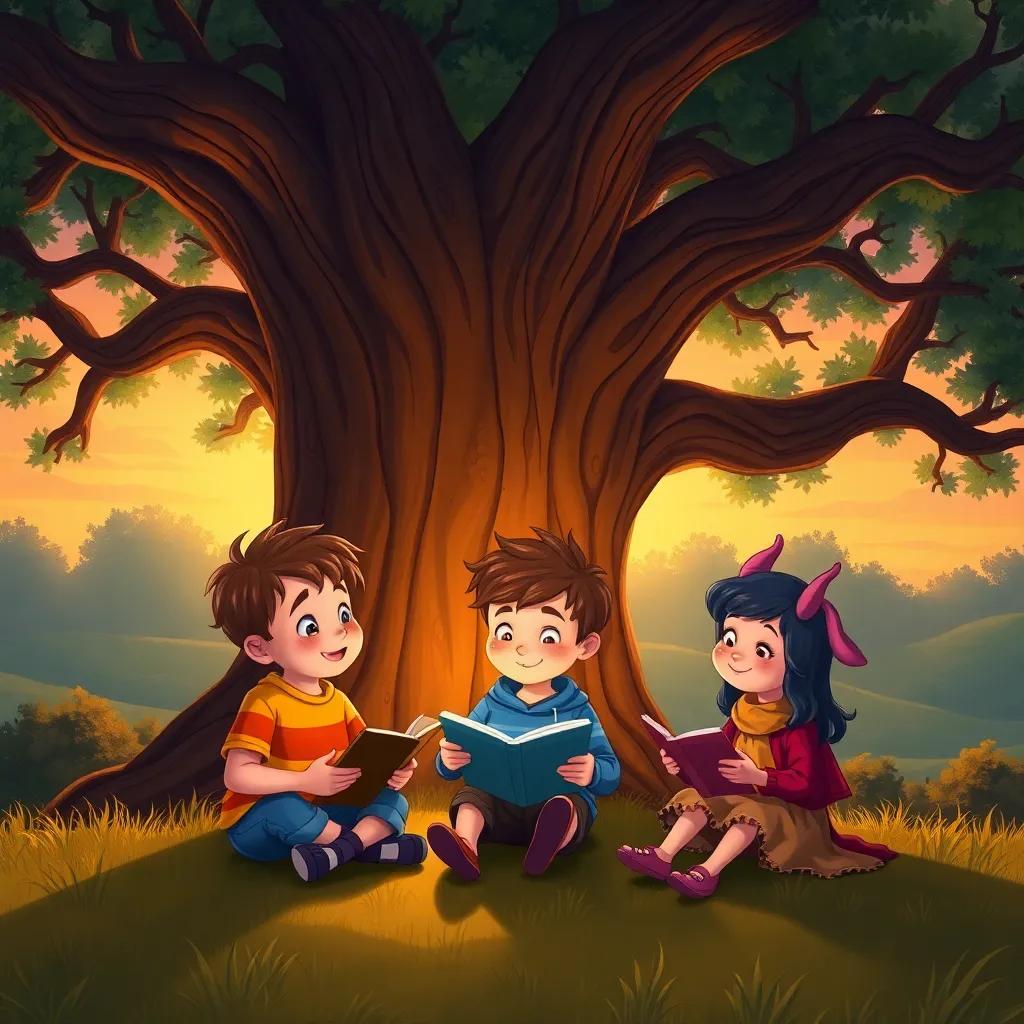 Sammy, Benny, and Tilly sitting under a big old tree at sunset, sharing stories, with a warm glow from the setting sun, heartwarming moment, rich colors, child-friendly illustration