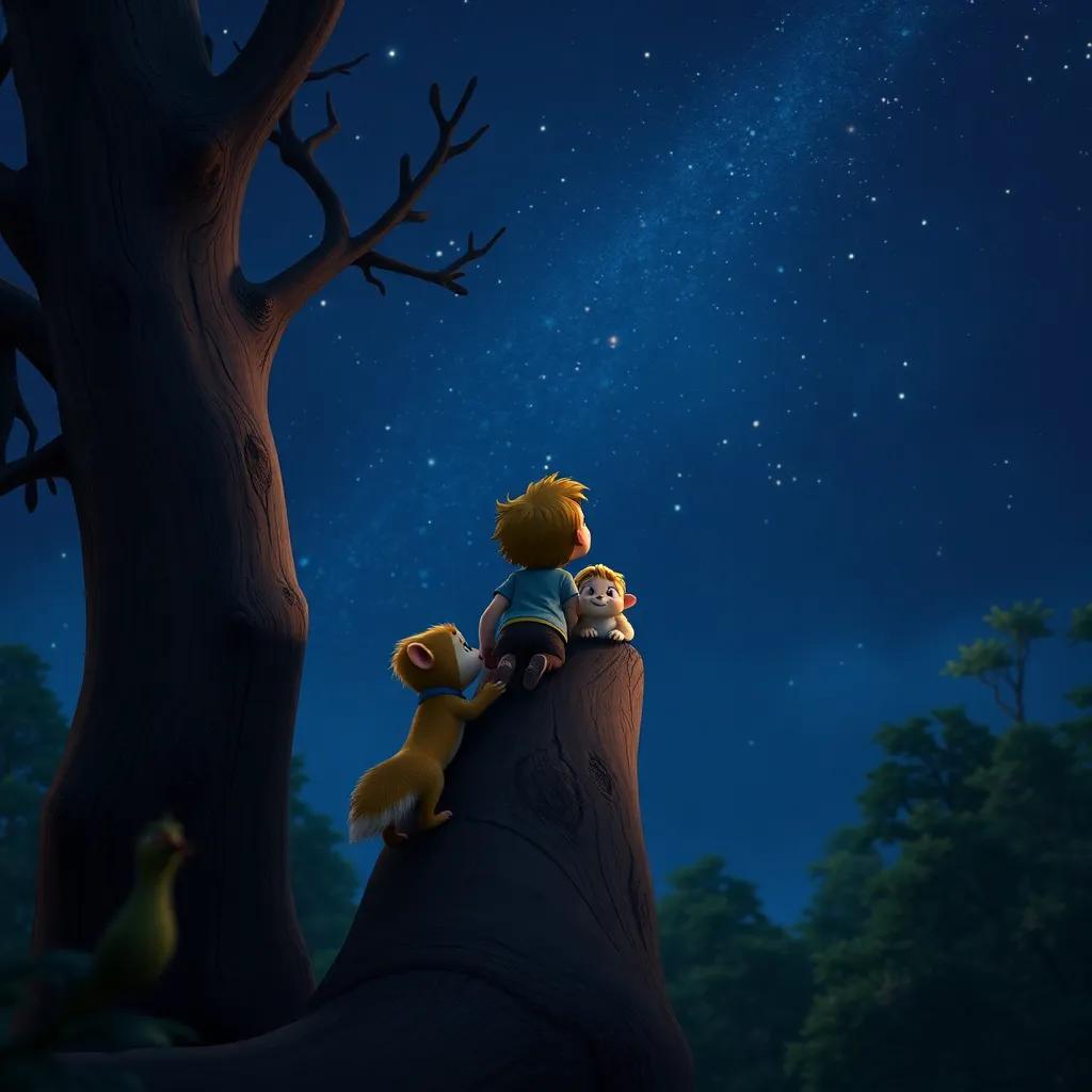 Sammy climbing back up to his tree, looking back at his friends with a smile, stars starting to twinkle in the dark sky, cozy and peaceful atmosphere, high quality