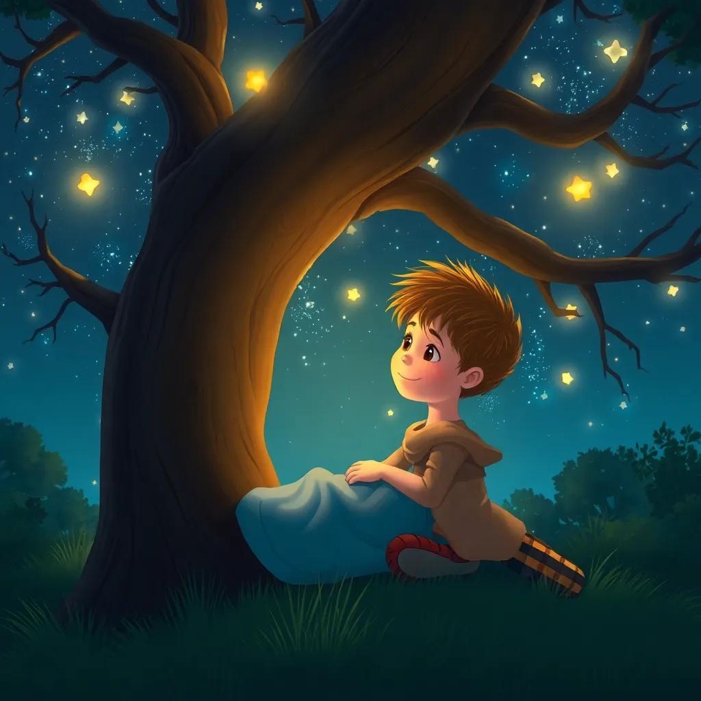 Sammy dreaming of adventures with Benny and Tilly, night sky outside his tree, soft glowing light from stars, warm and comforting, fantasy illustration, high detail