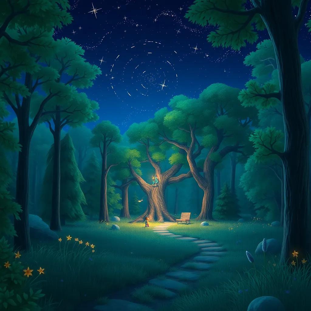 A beautiful forest at night, with Sammy’s tree and twinkling stars, peaceful scenery, magical atmosphere, dreamy quality, child-friendly