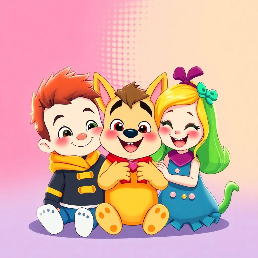 Sammy, Benny, and Tilly all together in a colorful illustration, representing their friendship with bright elements, love, and joy, high quality art, vibrant colors
