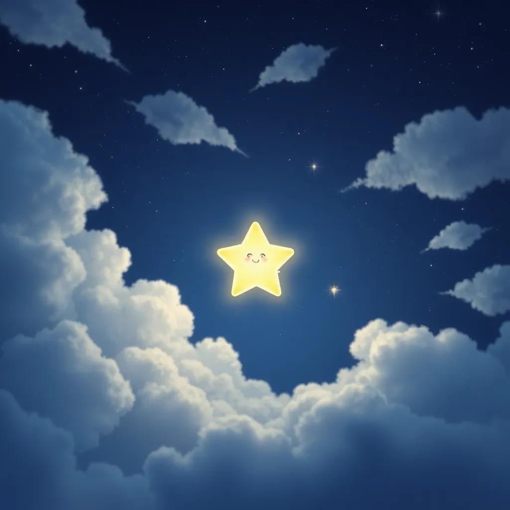 A sparkling star, named Little Star, with a bright glow, shining in the dark night sky filled with soft clouds, cheerful atmosphere, magical, child-friendly art, vivid colors, high quality