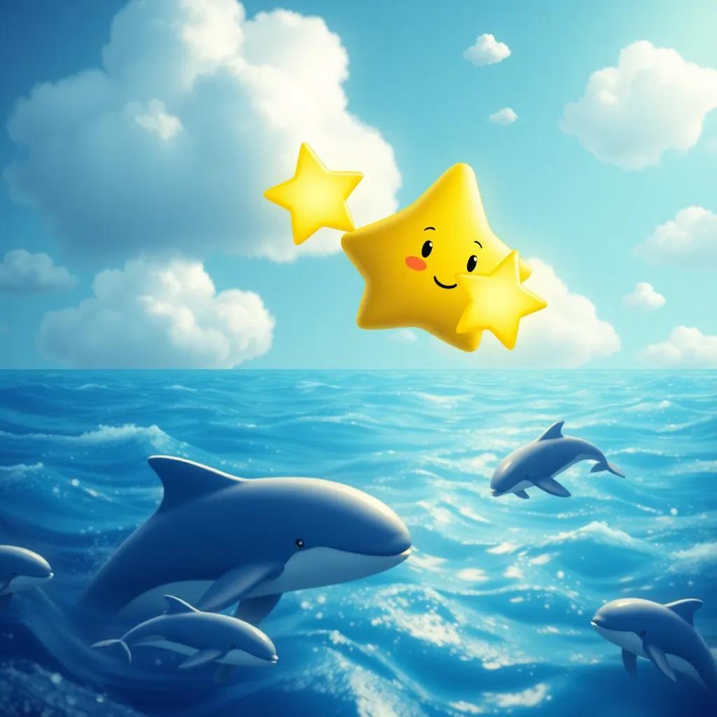 Little Star, glowing brightly, gliding through fluffy white clouds above sparkling blue seas with dolphins jumping and giant whales swimming, playful scene, whimsical art, vibrant colors, joyful
