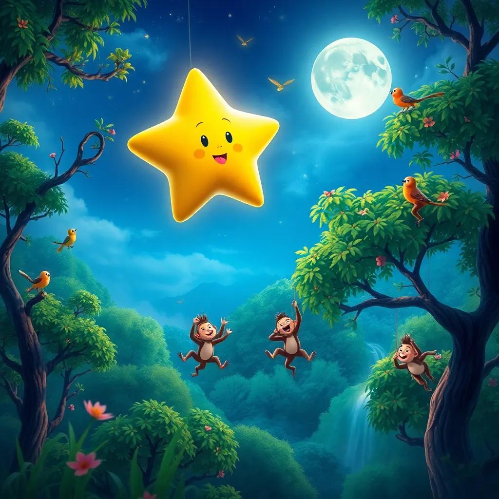 Little Star hovering above a lush green forest, with singing birds and playful monkeys swinging from trees, moonlight shining down, magical and inviting, colorful illustration, high quality