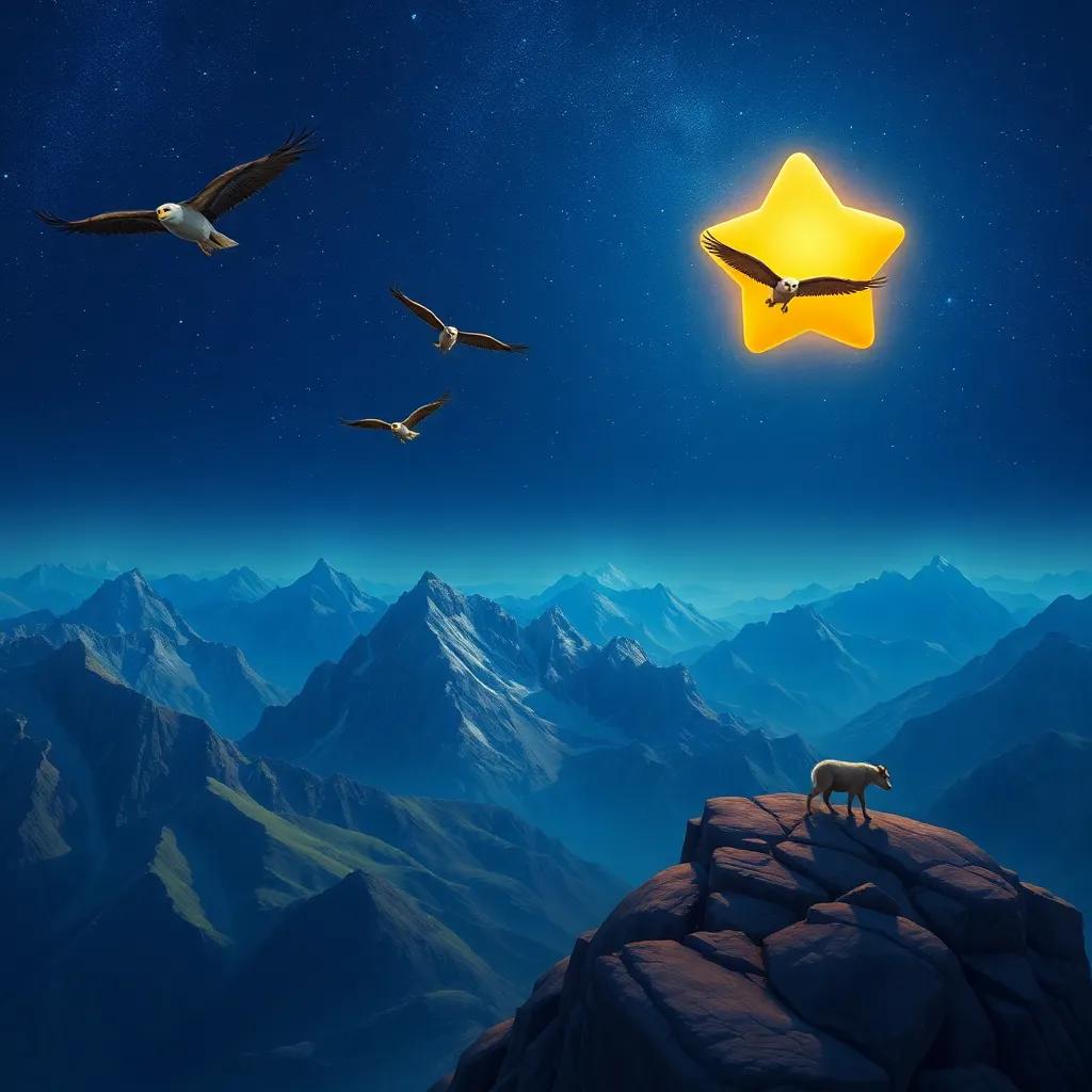Little Star soaring over majestic mountains, watching eagles in the sky and mountain goats leaping, grand landscape under a starlit night, adventurous scene, detailed digital painting, warm and inviting