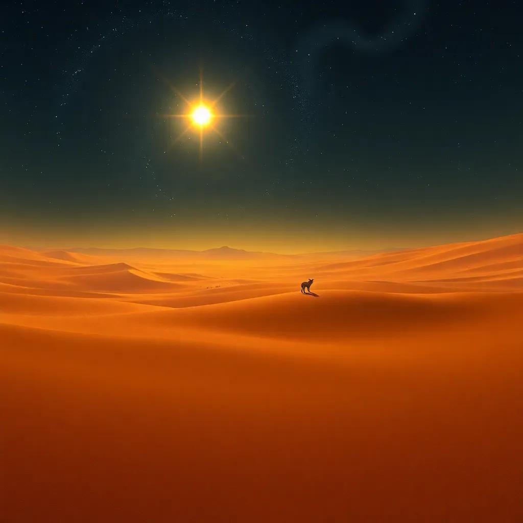 Little Star in a vast desert, shining brightly against the night sky, with a hint of a lonely jackal howling in the distance, mysterious atmosphere, fantasy art, dramatic, high quality