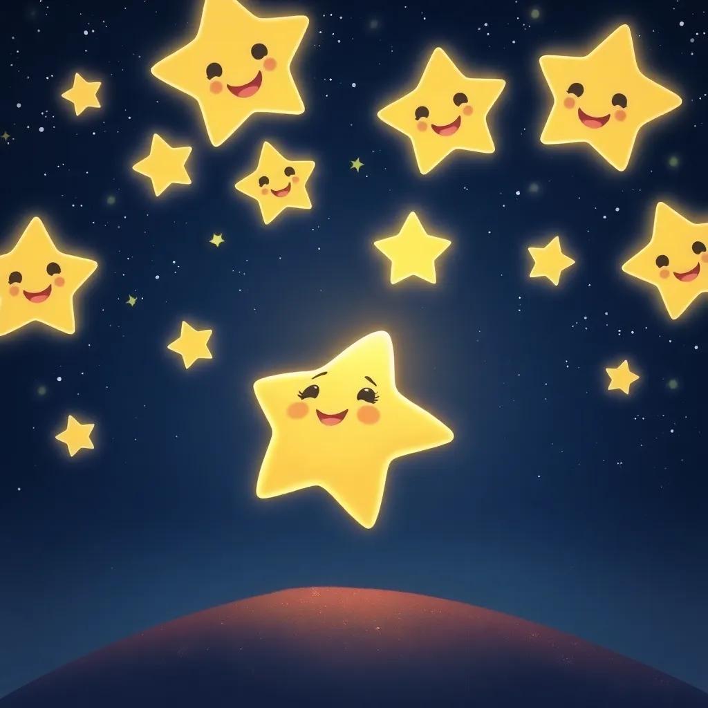 Little Star looking up at its friends, other twinkling stars smiling back at it in the night sky, surrounded by a sense of warmth and love, beautiful and heartwarming, bright colors, inviting illustration