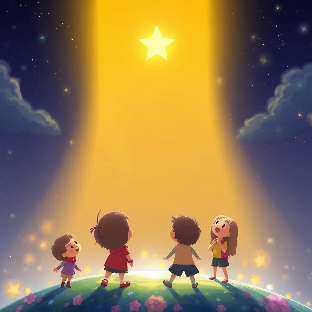 Little Star lighting up a beautiful world below, with happy children looking up, filled with wonder at its glow, charming scene, warm colors, magical feeling, high quality illustration