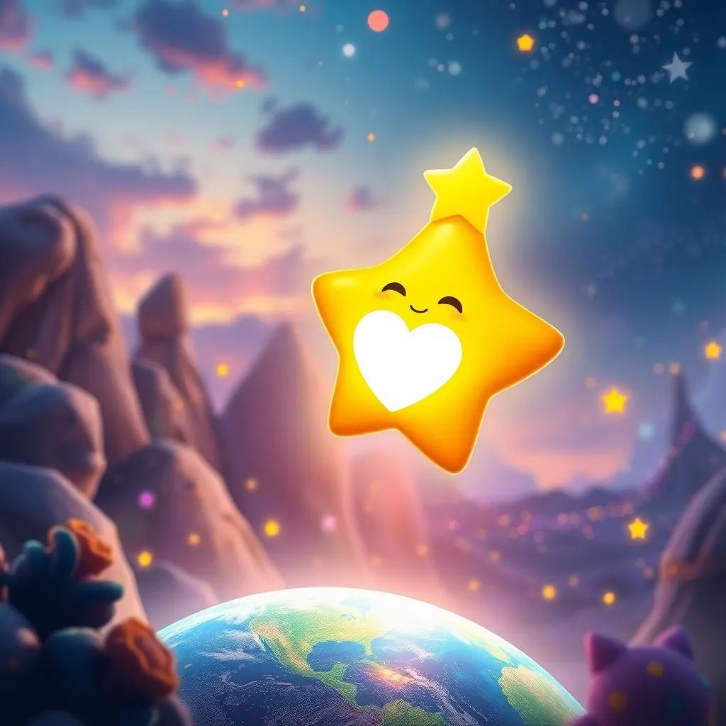 Little Star with a heart full of joy, shining down on the Earth in a colorful world filled with wonders, inviting scene, enchanting dusk, bright and lively art, high quality