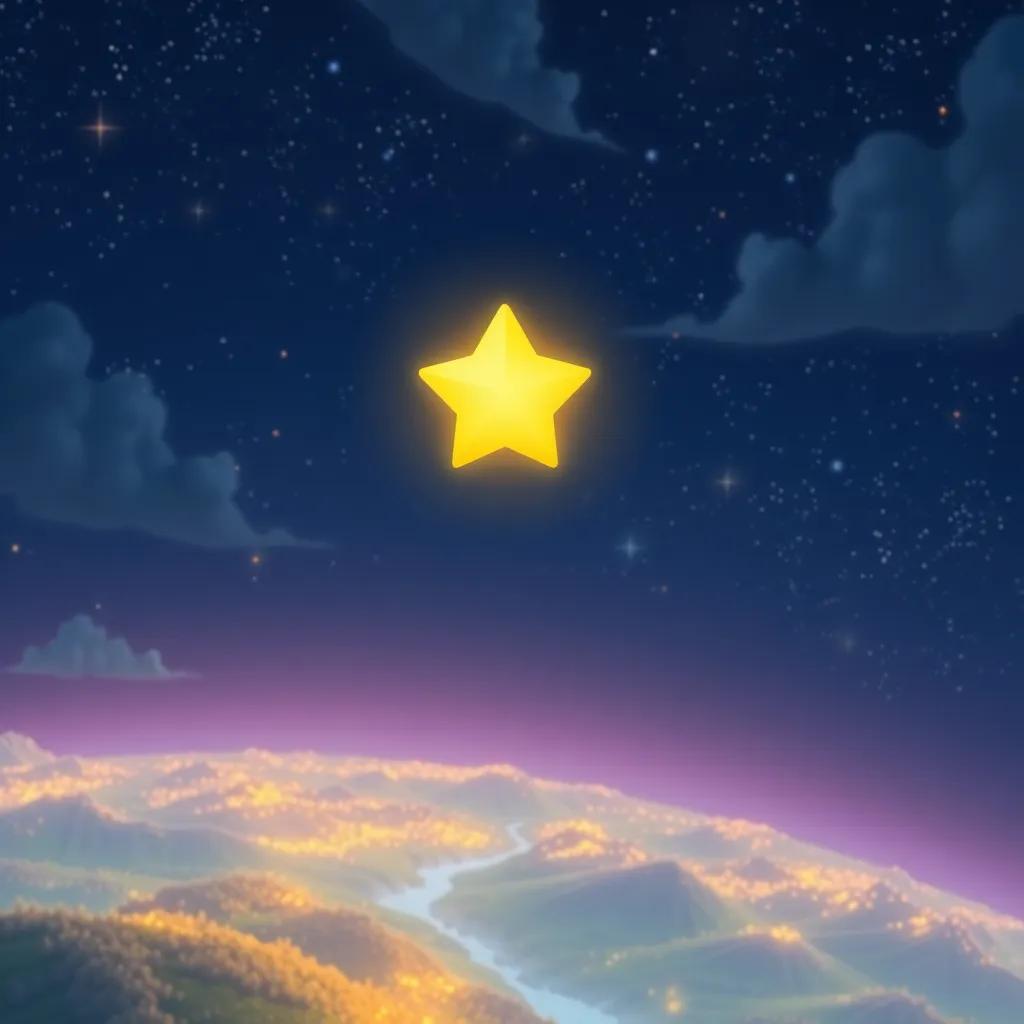 Little Star, glowing brightly in the sky, on a background of the world below shimmering and warm with the glow of dreams and adventures, ethereal charm, colorful scenery, magical illustration, high quality