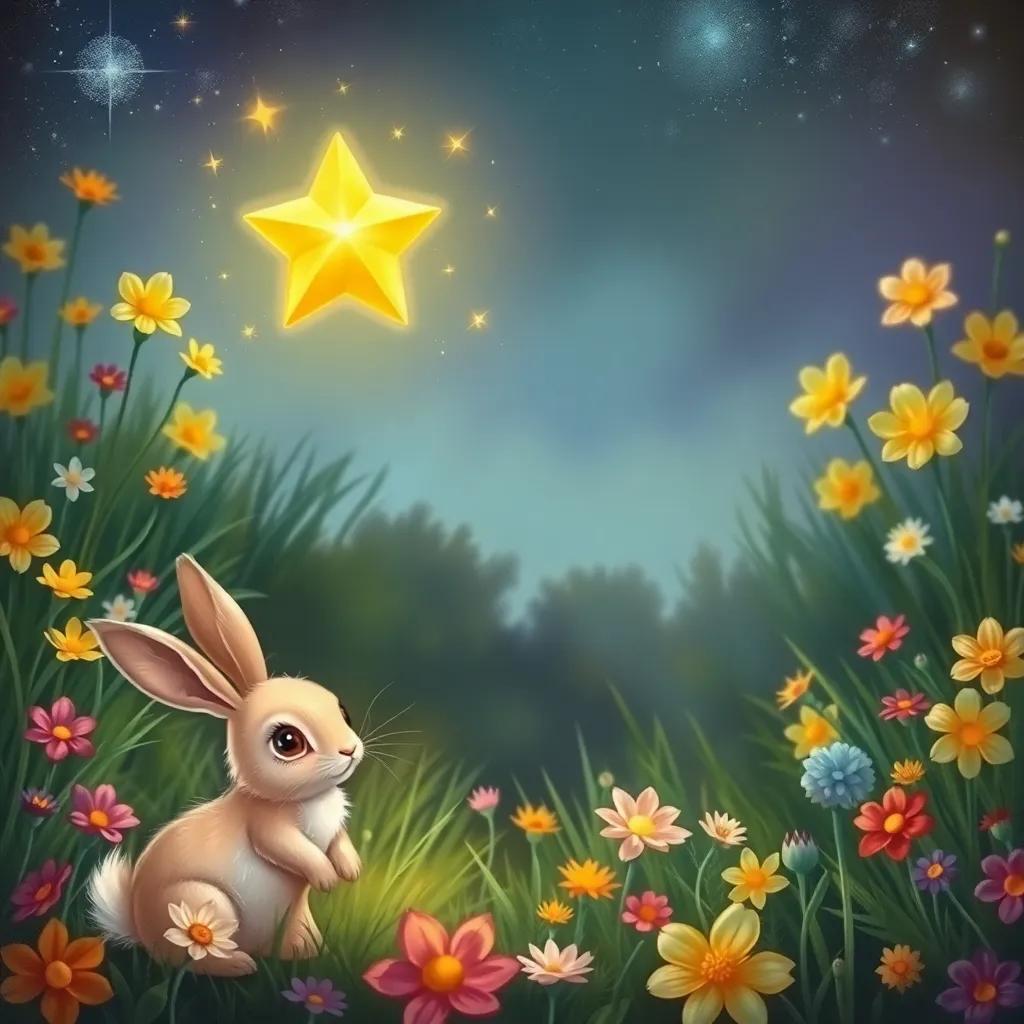 A small glowing star, Twinkle, landing softly in a green meadow filled with colorful flowers, with a friendly bunny looking at her in surprise, detailed illustration, bright and inviting colors, warm light, high quality