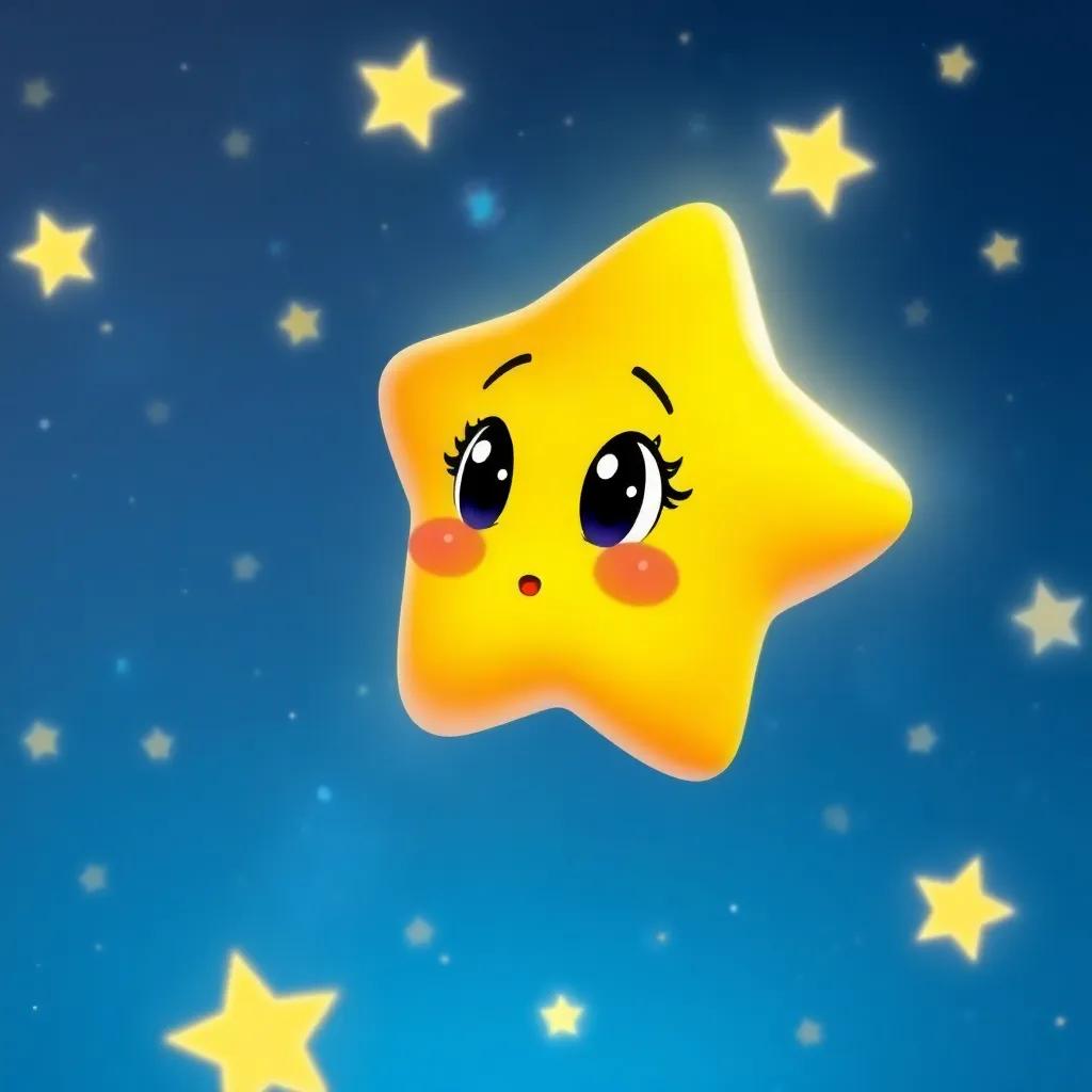 A little star named Twinkle looking surprised in the night sky, shiny and delicate, surrounded by other twinkling stars, digital art, bright colors, cheerful atmosphere, high quality