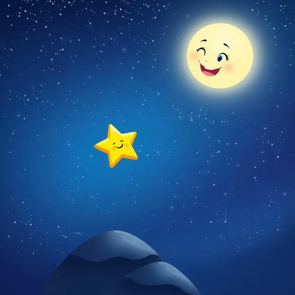 A cheerful moonbeam named Luna, bright and glowing, lifting Twinkle the star up with a smile, with a backdrop of a beautiful night sky full of stars, illustration, whimsical, inviting colors, high quality