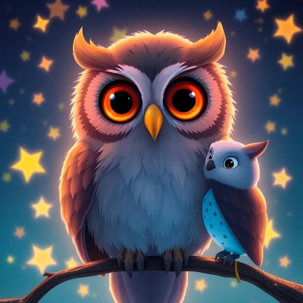 A wise old owl named Oliver, with big, round eyes, sitting on a branch, talking to Twinkle and Luna, surrounded by colorful stars, charming, warm light, storytelling view, high quality