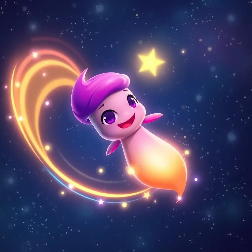 A playful comet named Cometina zooming around Twinkle, colorful trails of light behind her, in the night sky filled with sparkling stars, dynamic, vibrant colors, high quality