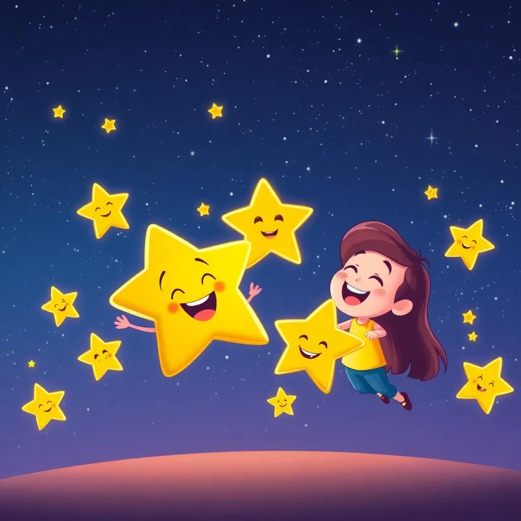 A group of shooting stars zipping by, laughing and playing with Twinkle under a starry sky, joy and fun in the air, playful, bright colors, high-quality