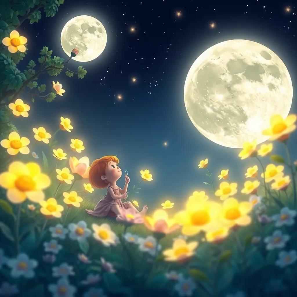 The Moon Garden filled with soft glowing flowers singing gentle songs, Twinkle and friends enjoying the music under the night sky, magical, serene colors, high quality
