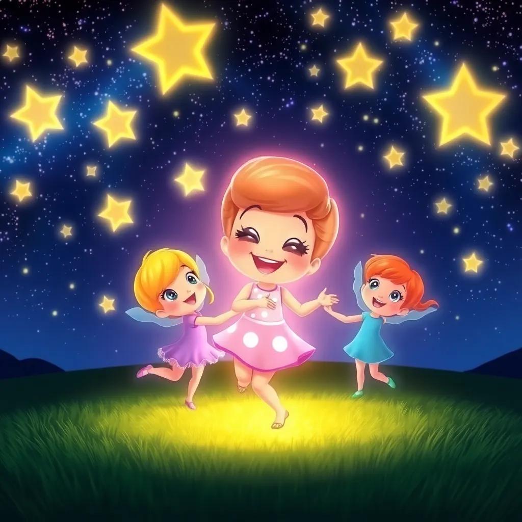 Twinkle shining brightly again, smiling joyfully with her friends, dancing under the twinkling stars and a radiant night sky, vibrant, uplifting atmosphere, high quality