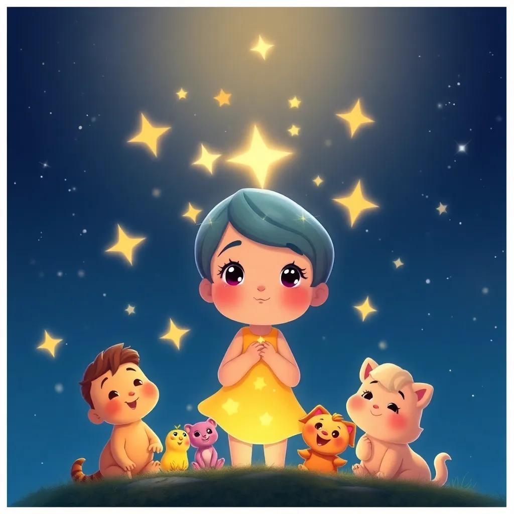 Twinkle surrounded by her friends, sparkling brightly in the night sky, illustrating the importance of friendship and sharing light, heartfelt, warm colors, high quality