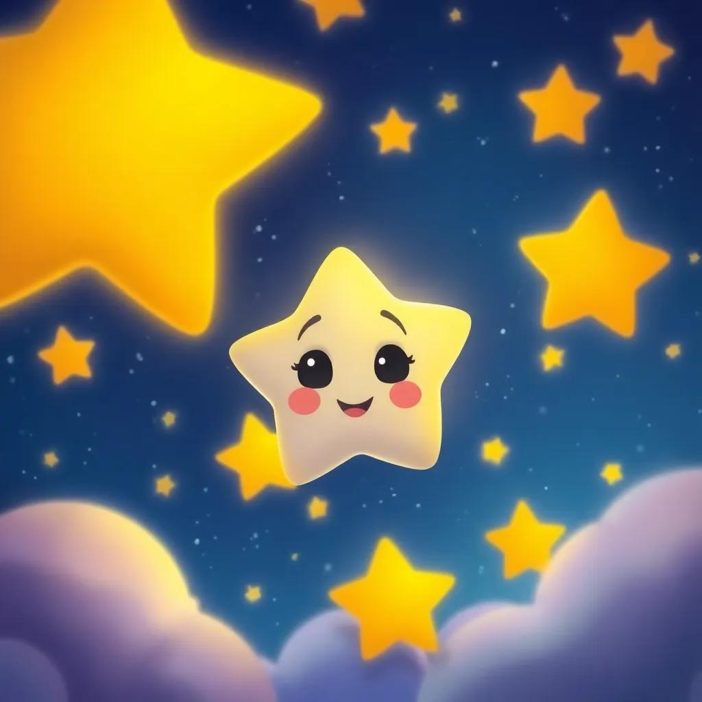 A tiny star named Twinkle, looking eager and bright, peeking out from behind bigger stars in a dreamy night sky, surrounded by twinkling stars, digital art, whimsical, vibrant colors, joyful atmosphere, high quality