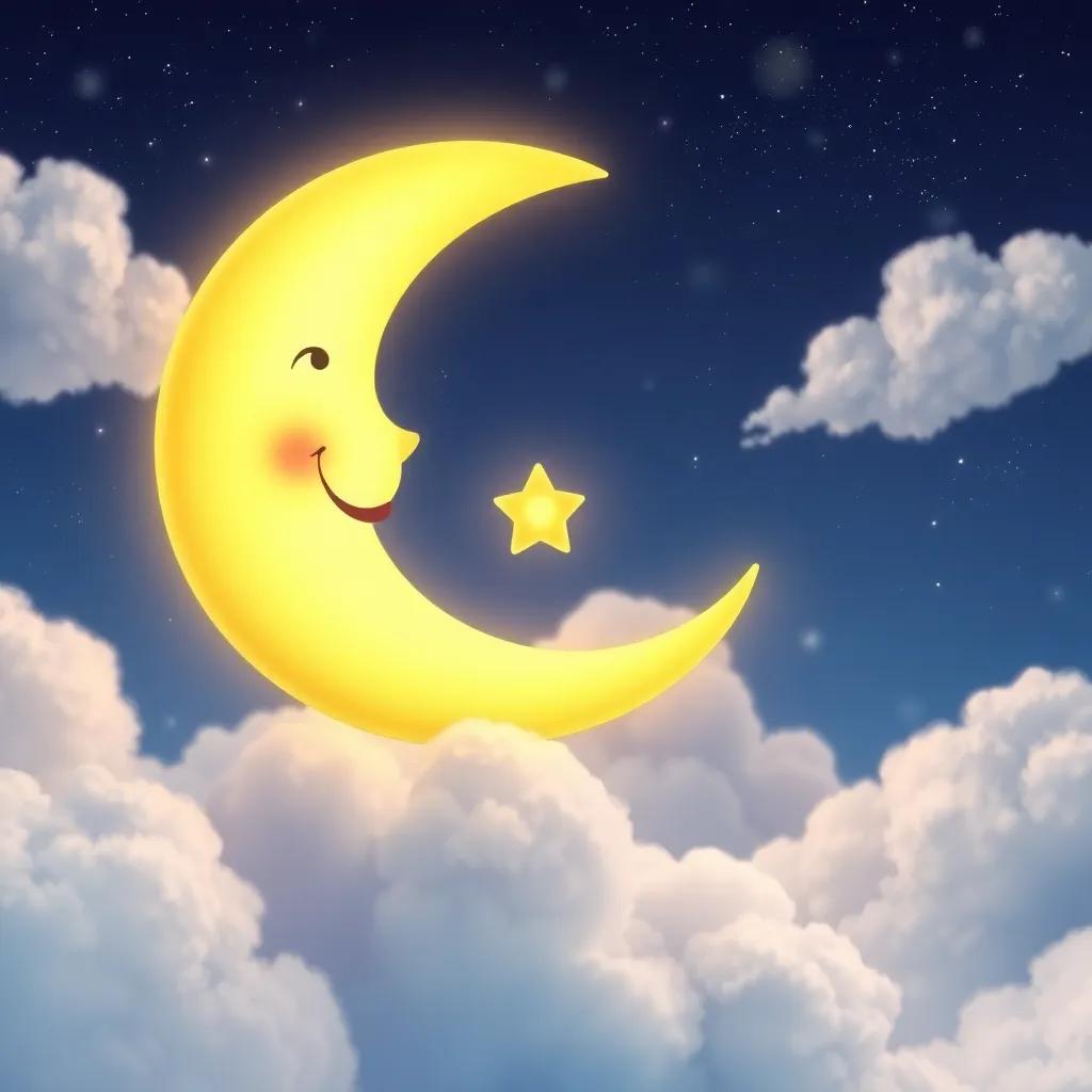 Twinkle, a tiny star, floating beside a smiling moon with a friendly face, dancing among fluffy clouds in a starry night sky, enchanting scene, soft glow, peaceful colors, magical perspective, charming