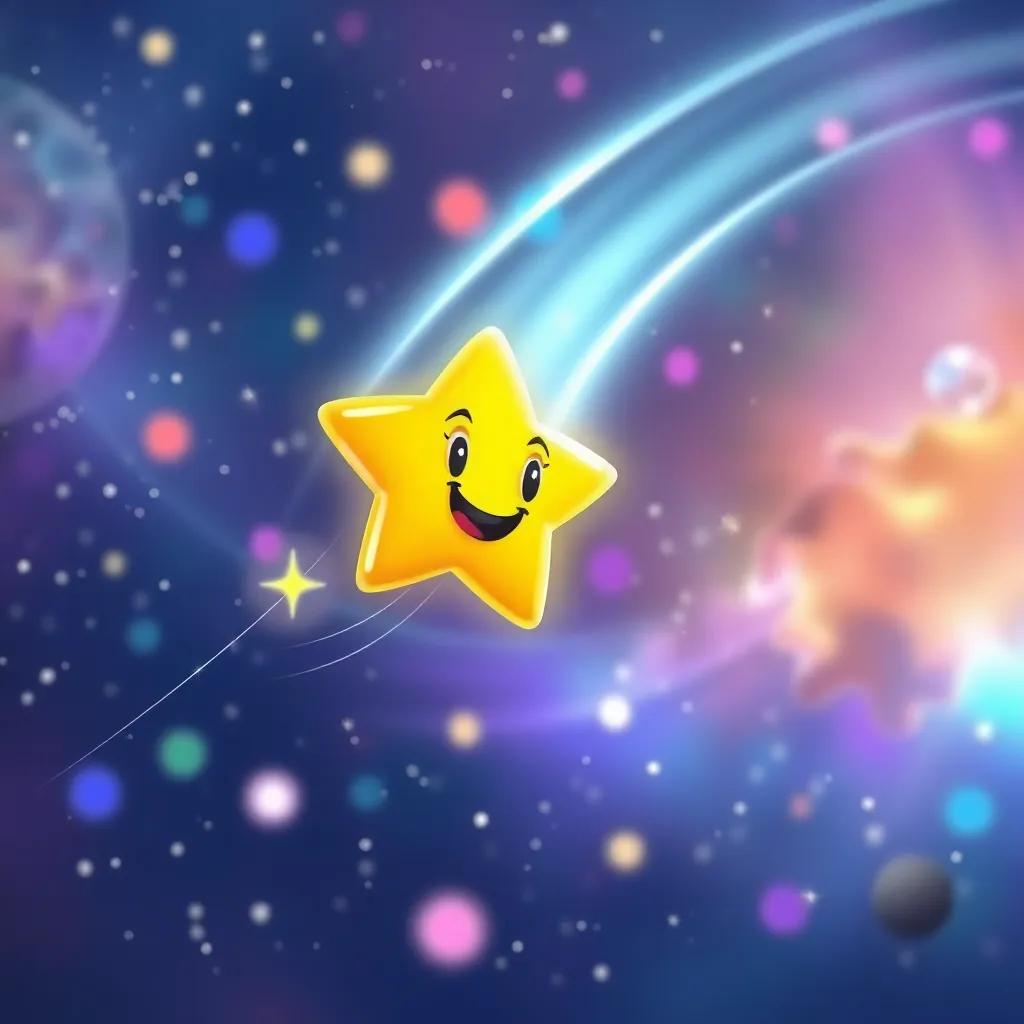 A shooting star racing across the sky, playfully interacting with Twinkle, reflecting joyous sparkles, colorful cosmic background, vibrant scene, joyful energy, cheerful