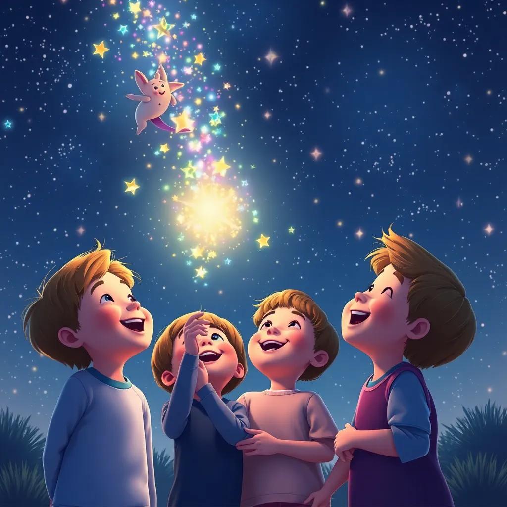 Twinkle sending colorful sparkles to laughing children looking up at the starry night sky, filled with wonder and delight, heartwarming scene, colorful atmosphere, uplifting, high quality