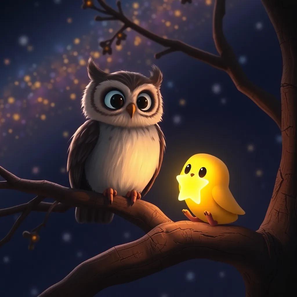 Twinkle, a tiny star glowing gently, interacting with a wise old owl perched on a tree branch in a starry night setting, magical ambiance, warm colors, thoughtful expression, inviting scene