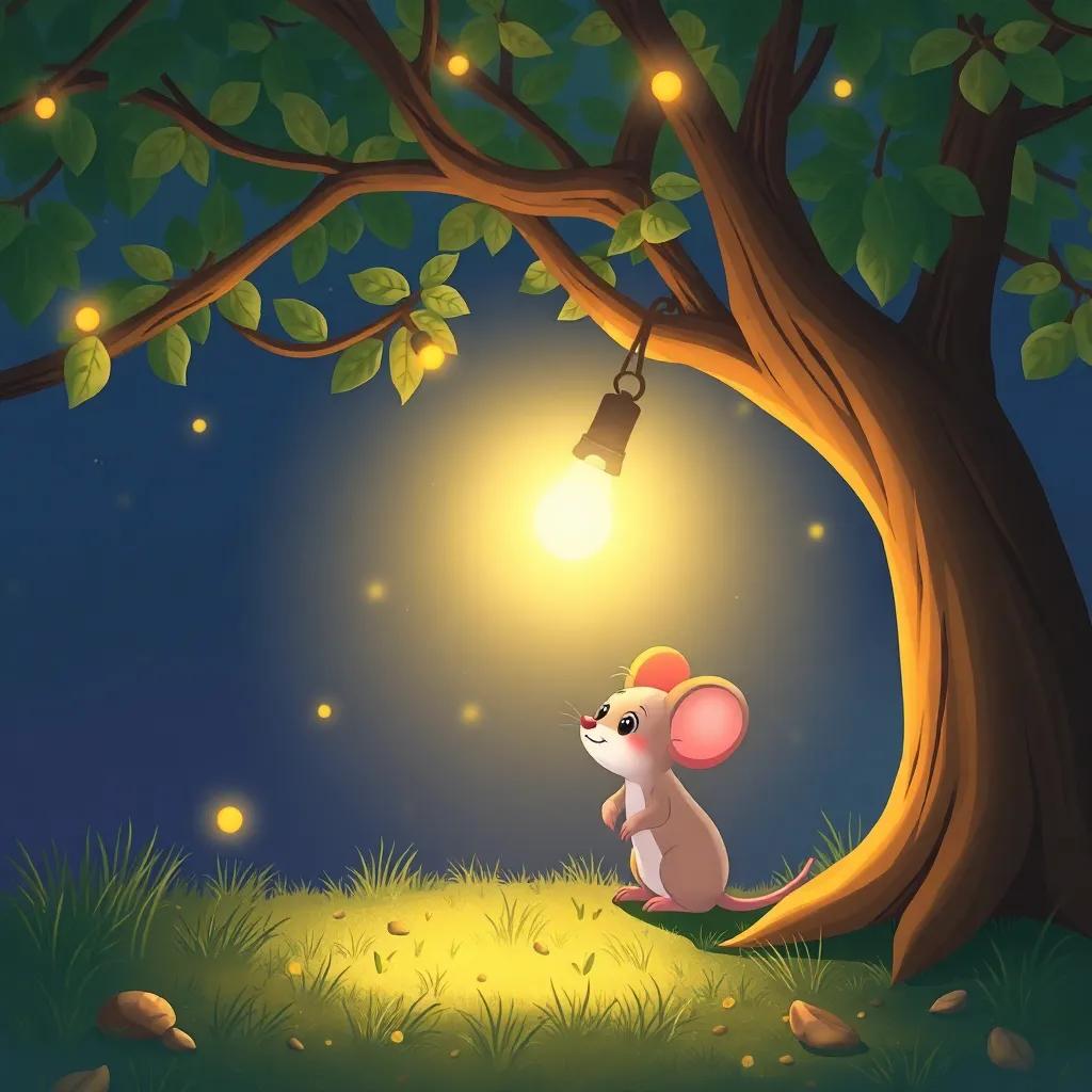 Twinkle shining brightly for a little mouse under a tree, providing warm light, creating a safe and comforting atmosphere, charming illustration, soft colors, heartwarming