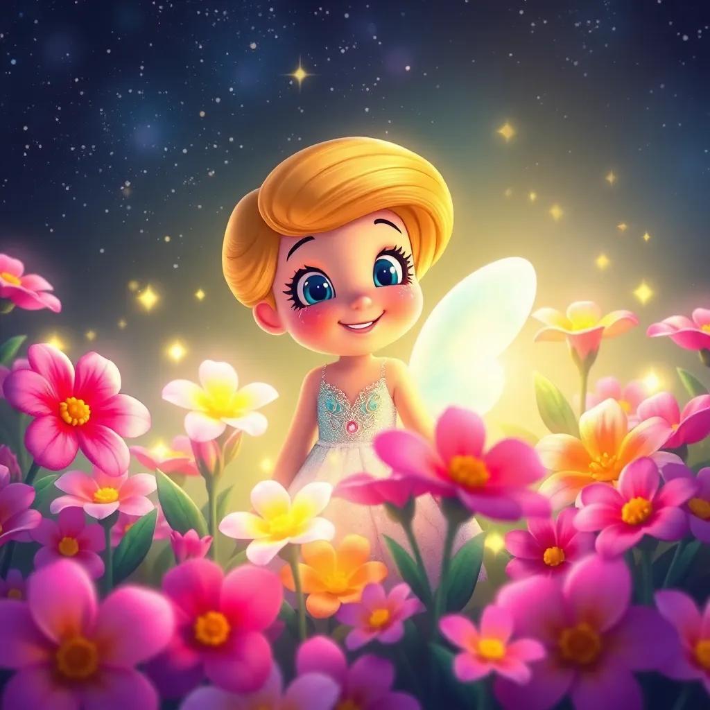 Twinkle surrounded by blooming flowers glowing with her kindness, on a starlit night, with sparkles lighting up the flowers, colorful and cheerful, inviting scene, vibrant imagery
