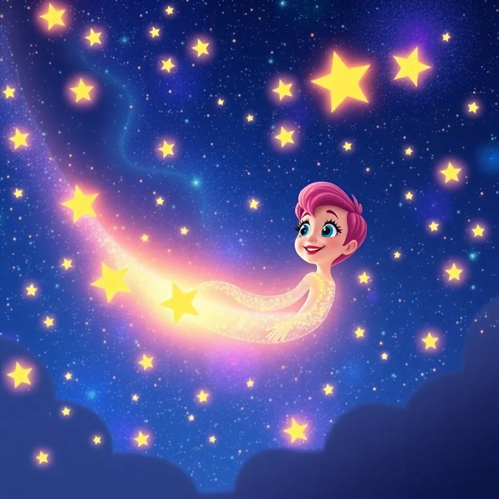 Twinkle returning to her place in the night sky, glowing brightly with all stars twinkling together, a harmonious and cheerful cosmic scene, magical impression, vibrant colors, joyful perspective
