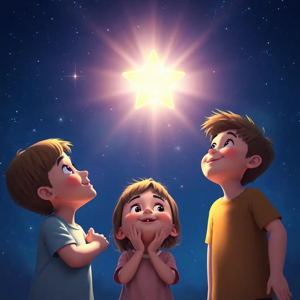 Twinkle, the little star, shining brightly in the night sky as children look up with admiration, creating a loving and joyful atmosphere, celestial scene, radiant colors, enchanting