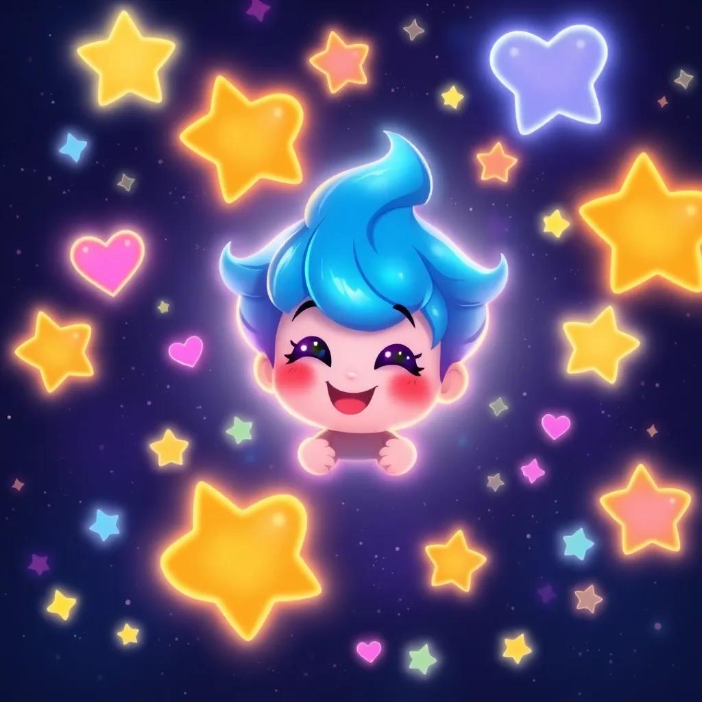 Twinkle surrounded by other stars, glowing brighter than ever with heart shapes representing love and kindness, a vibrant and magical cosmic setting, cheerful expression, high detail