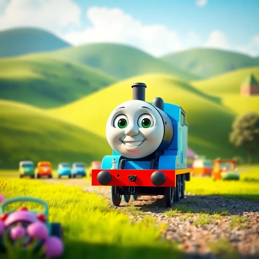 A small blue train named Toot, bright sunshine, smiling, small toy cars and colorful toys in the back, lush green hills in the background, cheerful atmosphere, digital art, vibrant colors