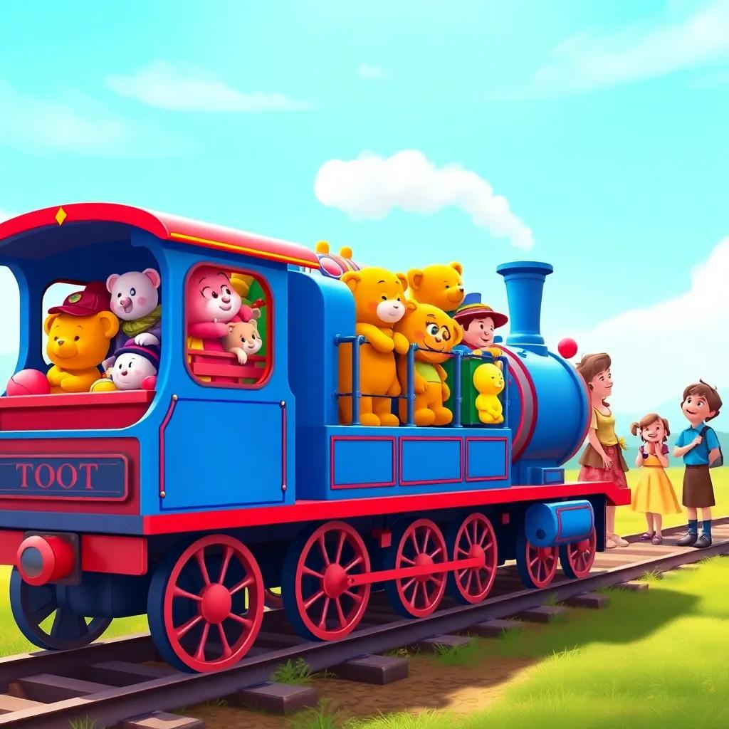 Toot the blue train loaded with colorful toys like teddy bears and dolls, friends laughing in the distance, colorful scene, bright blue sky, cheerful, inviting, digital illustration, cartoonish