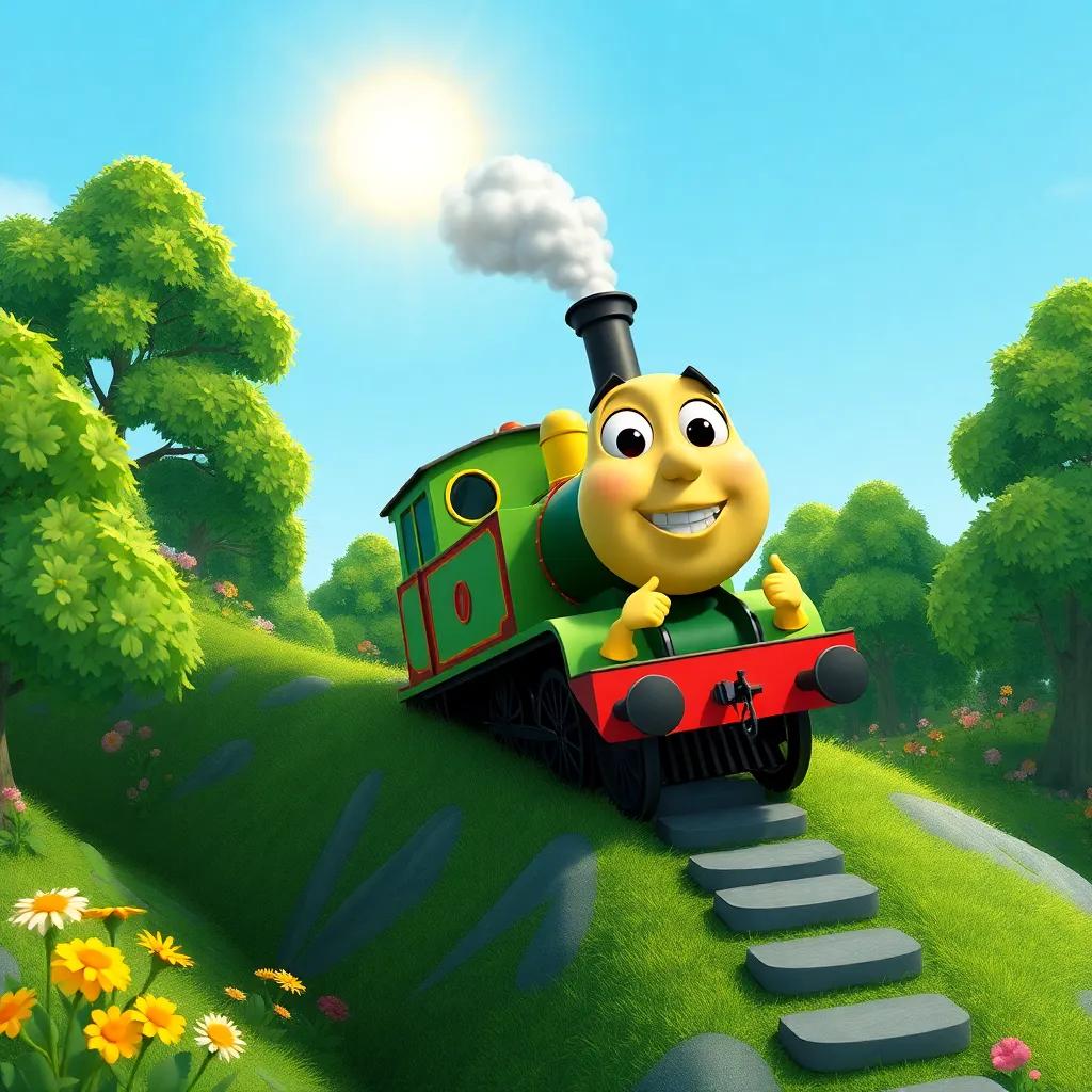 Toot climbing a steep hill, puffing out steam, determined look, bright shining sun, green trees and flowers around, joyful atmosphere, colorful, animated style
