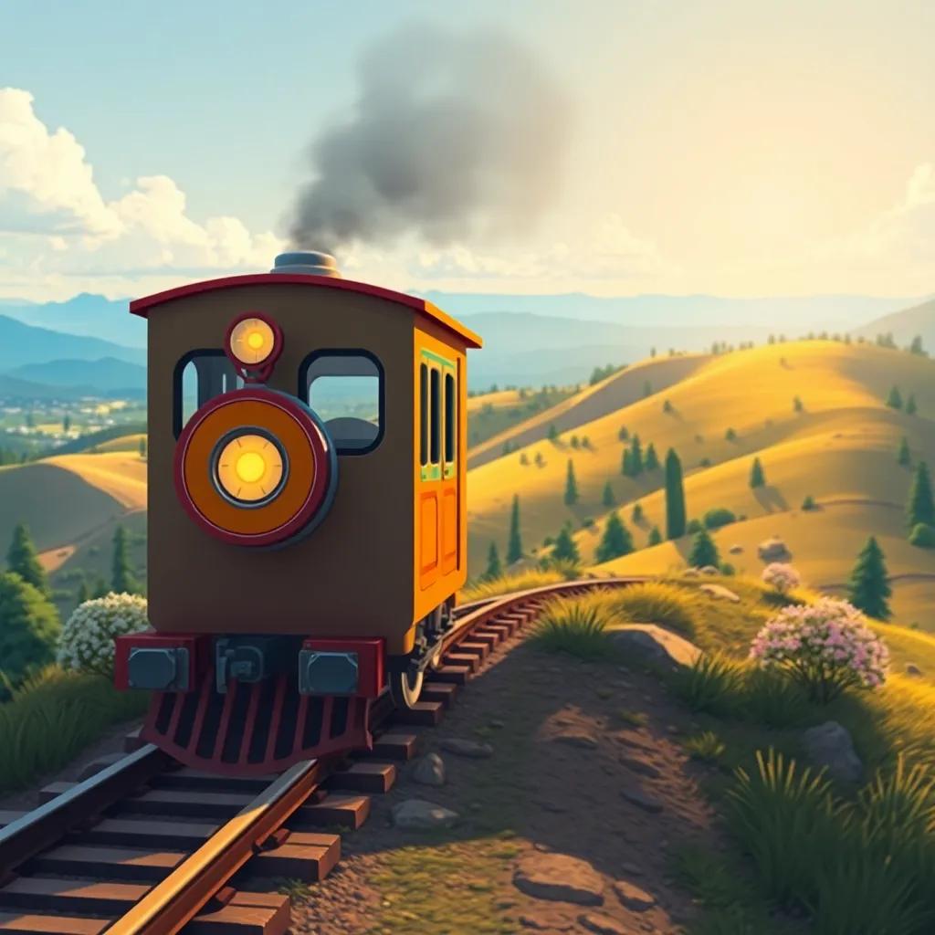 Toot the train halfway up the hill, feeling tired but determined, landscape view from the top of the hill, sunny day, colorful saturation, uplifting atmosphere, cartoon style