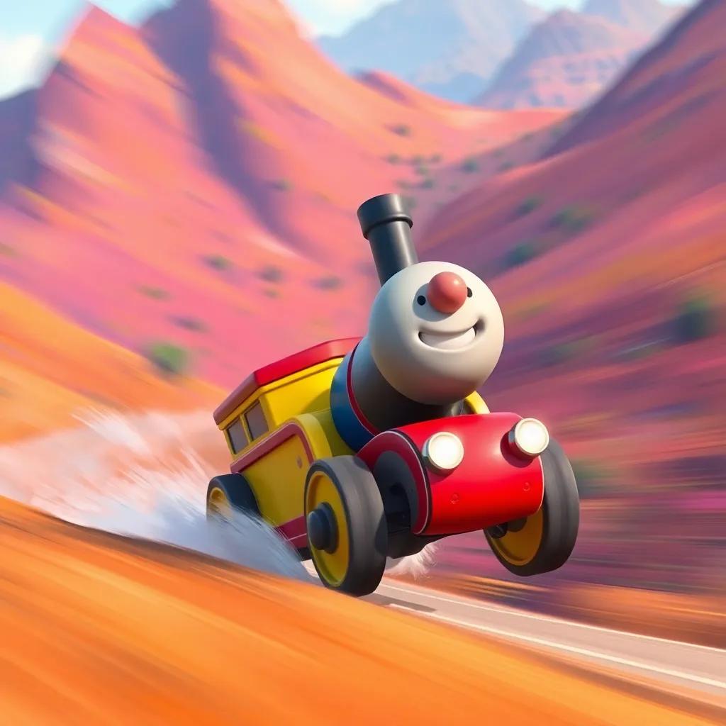 Toot racing down the hill, wind blowing through, cheerful expression, colorful landscape blurred behind him, a sense of speed and freedom, bright colors, playful vibe