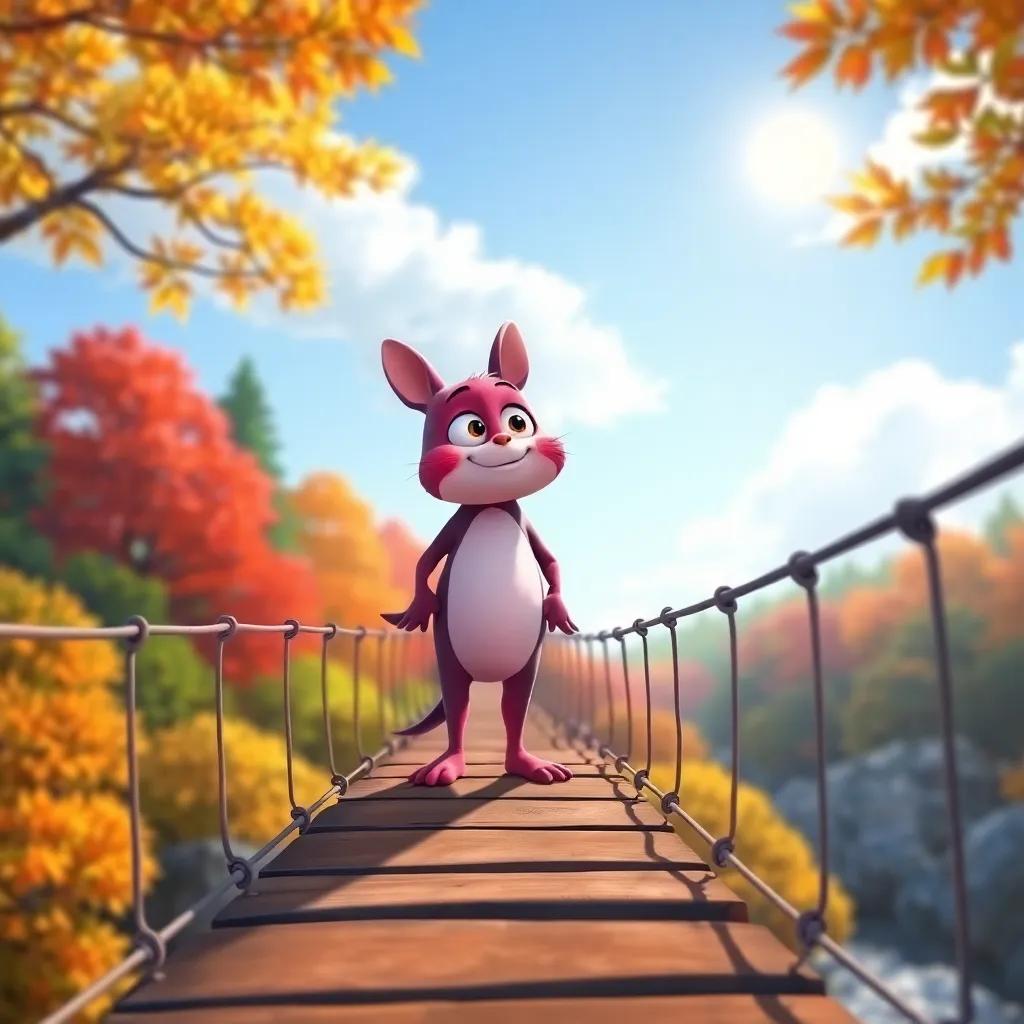 Toot standing at the wobbly bridge, looking brave, sunny sky, colorful trees in the background, a sense of overcoming fears, engaging illustration, warm atmosphere