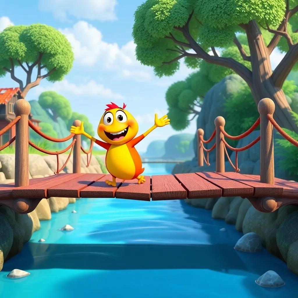 Toot crossing the bridge confidently, happy and determined expression, supportive environment, bright colors, vibrant scenery, uplifting story atmosphere, animated