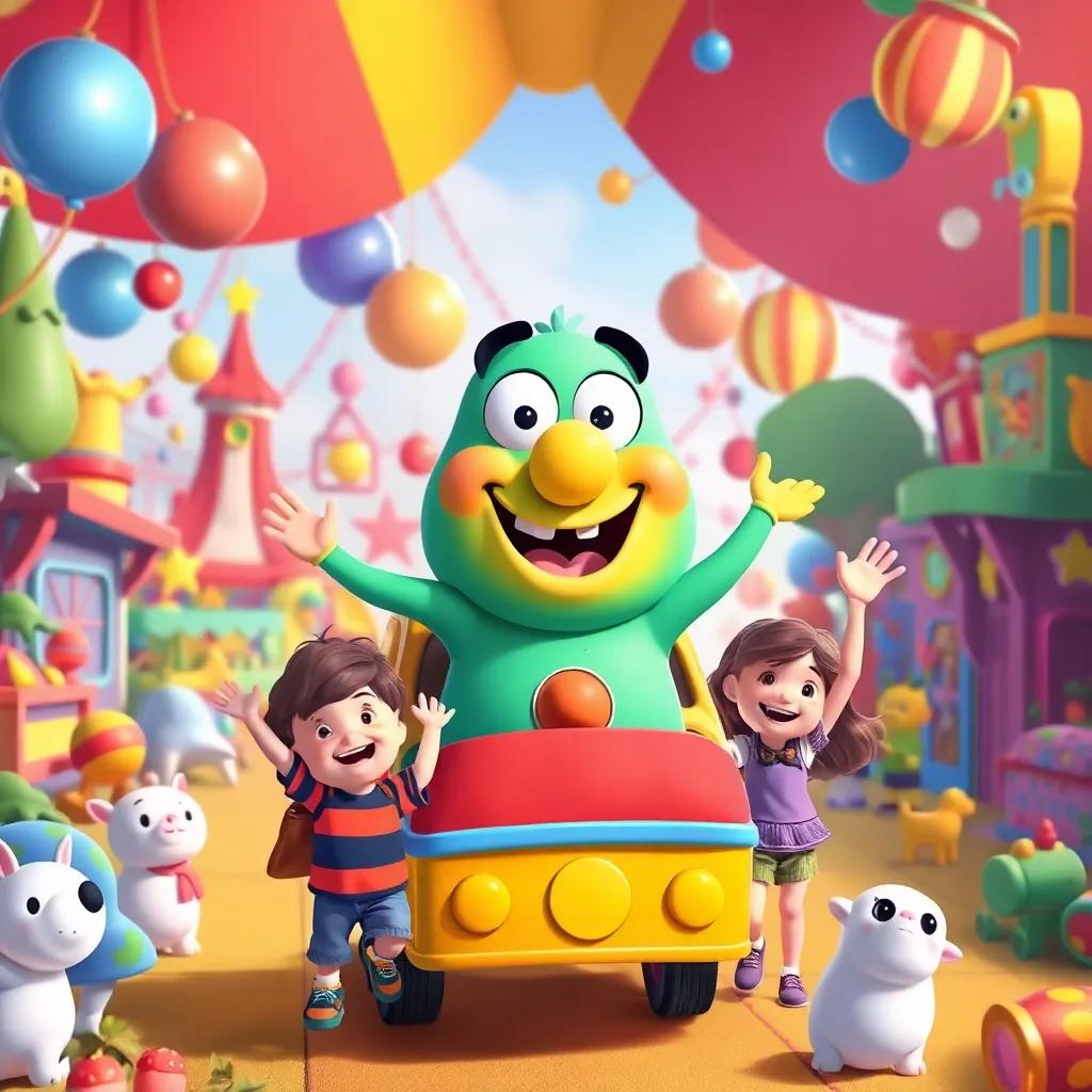 Toot arriving in Toyland, children cheering and waving, colorful toyland scenery filled with toys and joy, vibrant colors, warm and happy vibe, cheerful illustration