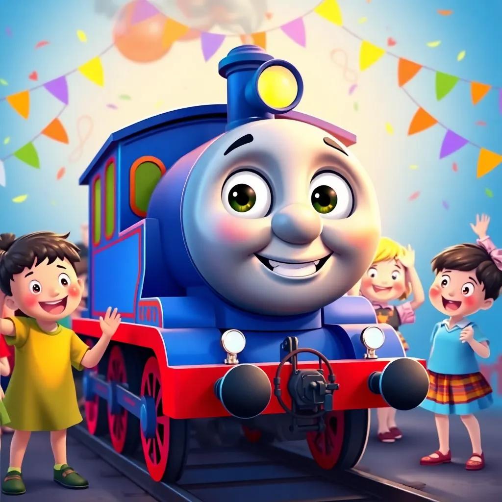 Toot, a small blue train, smiling with wide eyes, kids celebrating around him, bright colors, joyful atmosphere, heartwarming scene, vibrant and detailed illustration