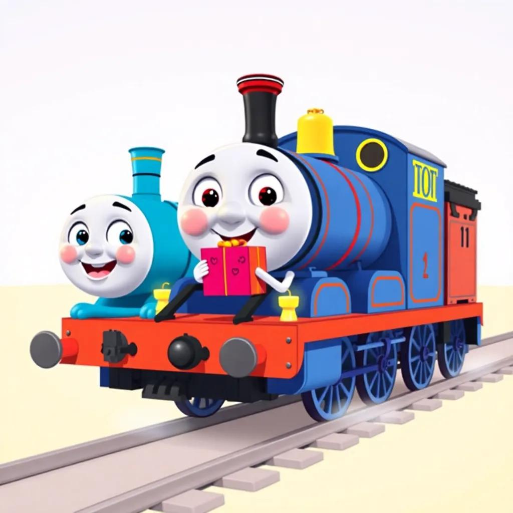 Toot the train with friends Benny, a blue engine, and Lila, a lovely coal car, gathered together with smiles, ready to set off on a journey with gifts, illustration, cheerful, teamwork theme, vibrant