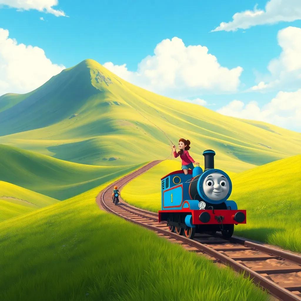 The little train Toot approaching a big hill, with Benny and Lila working together to climb it, a bright sky above and rolling green hills surrounding them, digital painting, adventure, colorful, high quality
