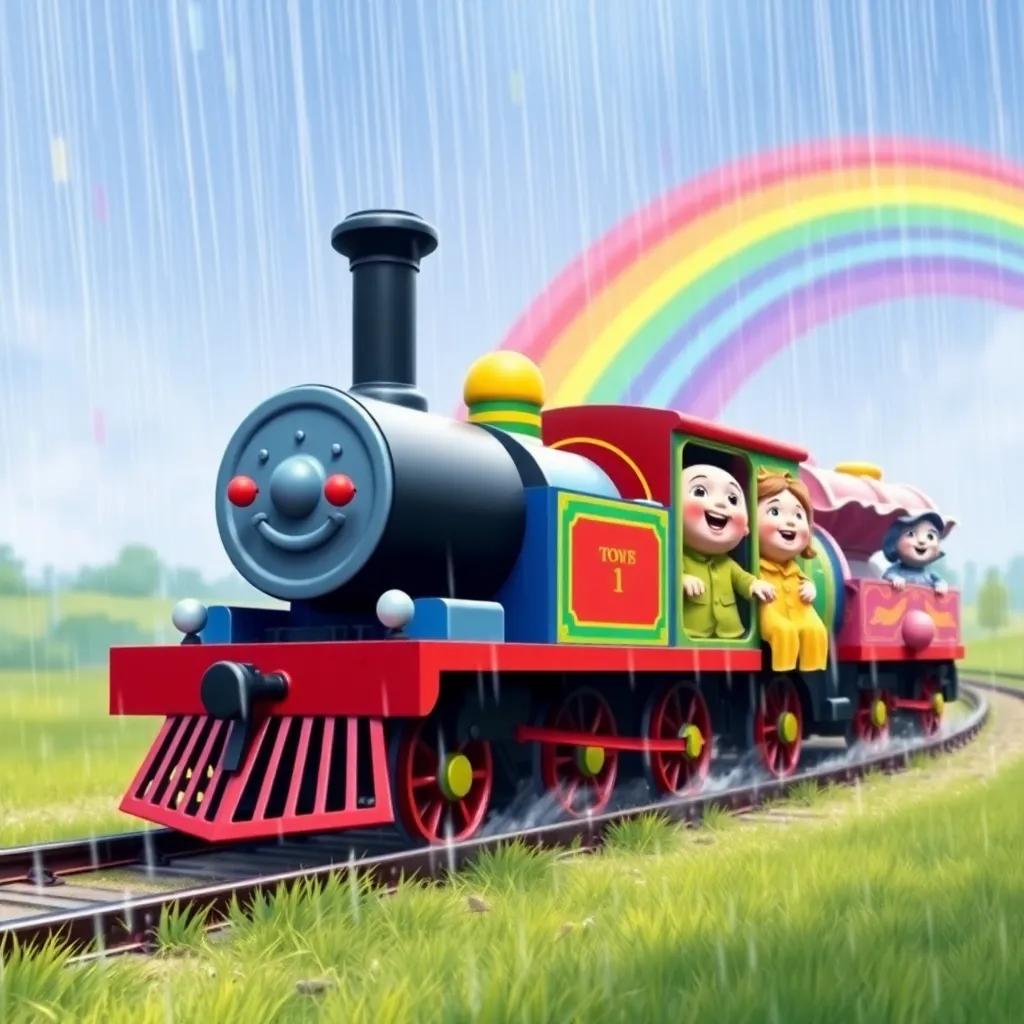 The little train Toot and friends, navigating through a rainstorm, singing with joy as colorful raindrops fall around them, vibrant rainbow appearing in the background, digital art, cheerful, high quality