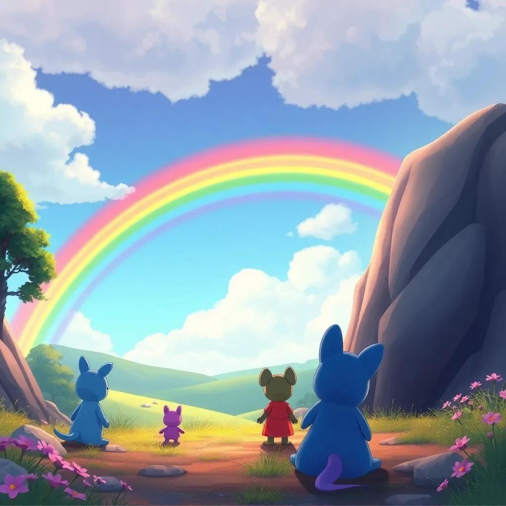 A beautiful rainbow arched over the landscape as Toot and friends paused, gazing in awe at the rainbow connecting the sky and ground, serene and magical feeling, illustration, colorful, inviting atmosphere, high quality