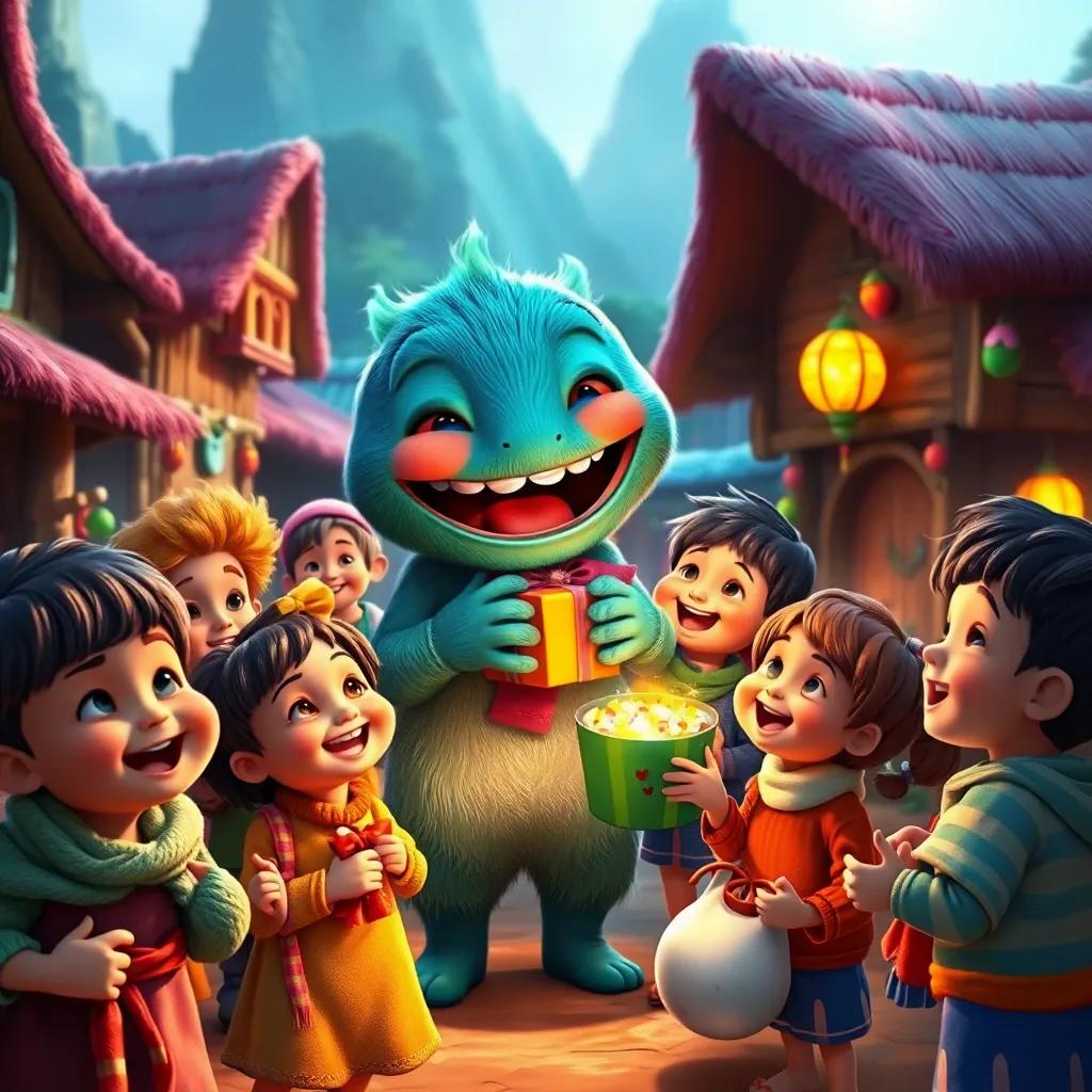 The last village filled with happy children eagerly awaiting as Toot delivers gifts, laughter echoing with excitement, colorful surroundings and bright decor, digital painting, joyful scene, detailed, vibrant